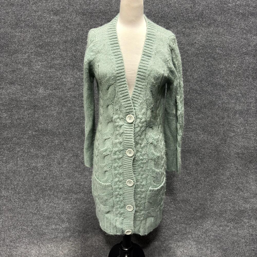 Chadwicks Cardigan Sweater Womens Medium Green V Neck Cable Knit Long Pockets
